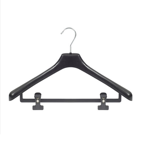 Mantel / kostuumhanger (gebogen) kunststof zwart met schouderverbreding en anti-slip knijpers Mantel / kostuumhanger (gebogen) kunststof zwart met schouderverbreding en anti-slip knijpers
