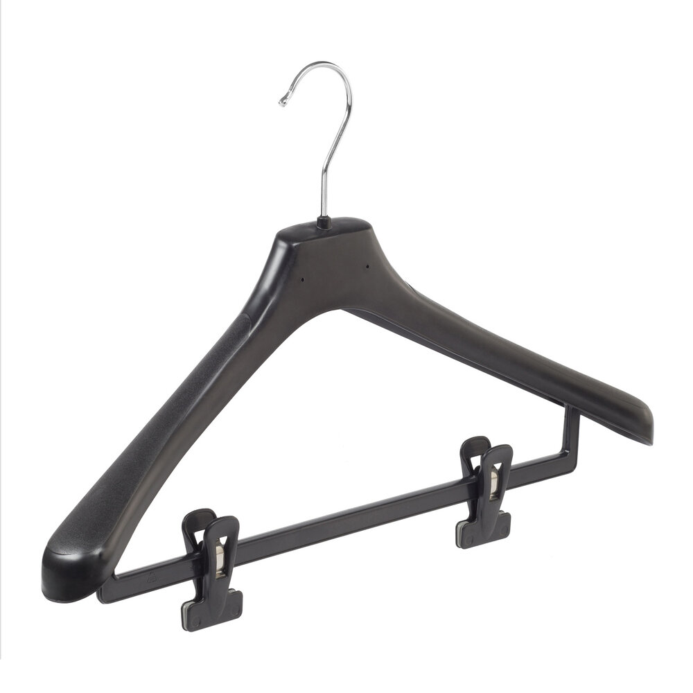 Mantel / kostuumhanger (gebogen) kunststof zwart met schouderverbreding en anti-slip knijpers Mantel / kostuumhanger (gebogen) kunststof zwart met schouderverbreding en anti-slip knijpers