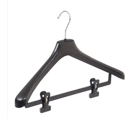 Mantel / kostuumhanger (gebogen) kunststof zwart met schouderverbreding en anti-slip knijpers Mantel / kostuumhanger (gebogen) kunststof zwart met schouderverbreding en anti-slip knijpers