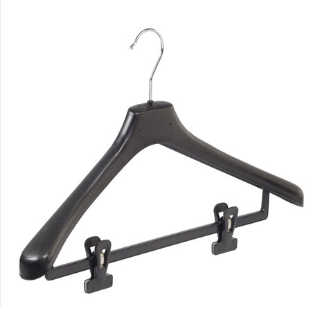 Mantel / kostuumhanger (gebogen) kunststof zwart met schouderverbreding en anti-slip knijpers Mantel / kostuumhanger (gebogen) kunststof zwart met schouderverbreding en anti-slip knijpers
