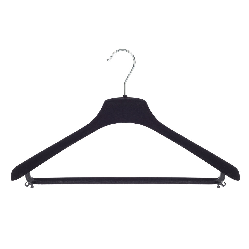 Mantel / kostuumhanger (gebogen) kunststof velours zwart met schouderverbreding en broeklat Mantel / kostuumhanger (gebogen) kunststof velours zwart met schouderverbreding en broeklat