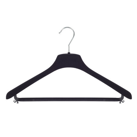SER-VIZ Mantel / kostuumhanger (gebogen) kunststof velours zwart met schouderverbreding en broeklat SER-VIZ Mantel / kostuumhanger (gebogen) kunststof velours zwart met schouderverbreding en broeklat