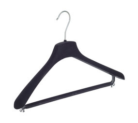 Mantel / kostuumhanger (gebogen) kunststof velours zwart met schouderverbreding en broeklat Mantel / kostuumhanger (gebogen) kunststof velours zwart met schouderverbreding en broeklat