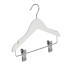 Blouse / shirthanger (vlak) lotushout wit gelakt met rokinkepingen en anti-slip knijpers Blouse / shirthanger (vlak) lotushout wit gelakt met rokinkepingen en anti-slip knijpers