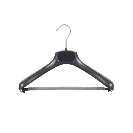 Mantel / kostuumhanger (gebogen) kunststof zwart met schouderverbreding en anti-slip broeklat (2 mm schuim)
