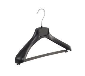 Mantel / kostuumhanger (gebogen) kunststof zwart met schouderverbreding en anti-slip broeklat (2 mm schuim) Mantel / kostuumhanger (gebogen) kunststof zwart met schouderverbreding en anti-slip broeklat (2 mm schuim)