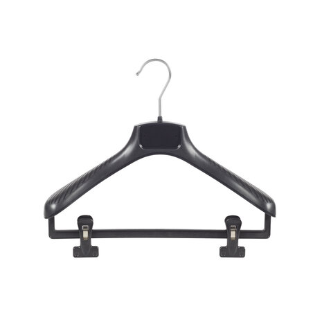 Mantel / kostuumhanger (gebogen) kunststof zwart met schouderverbreding en anti-slip knijpers
