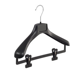 Mantel / kostuumhanger (gebogen) kunststof zwart met schouderverbreding en anti-slip knijpers Mantel / kostuumhanger (gebogen) kunststof zwart met schouderverbreding en anti-slip knijpers