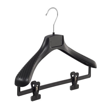 Mantel / kostuumhanger (gebogen) kunststof zwart met schouderverbreding en anti-slip knijpers