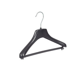 Mantel / kostuumhanger (gebogen) kunststof zwart met schouderverbreding en broeklat Mantel / kostuumhanger (gebogen) kunststof zwart met schouderverbreding en broeklat