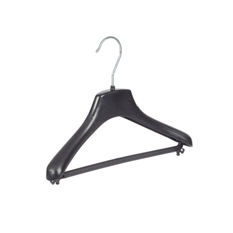 Mantel / kostuumhanger (gebogen) kunststof zwart met schouderverbreding en broeklat Mantel / kostuumhanger (gebogen) kunststof zwart met schouderverbreding en broeklat