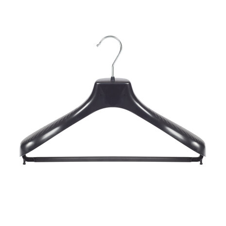 Mantel / kostuumhanger (gebogen) kunststof zwart met schouderverbreding en broeklat Mantel / kostuumhanger (gebogen) kunststof zwart met schouderverbreding en broeklat