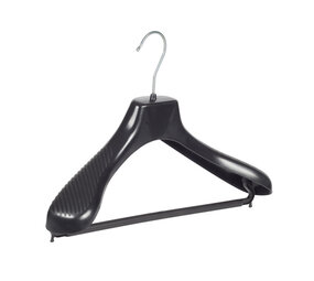 Mantel / kostuumhanger (gebogen) kunststof zwart met schouderverbreding en broeklat Mantel / kostuumhanger (gebogen) kunststof zwart met schouderverbreding en broeklat
