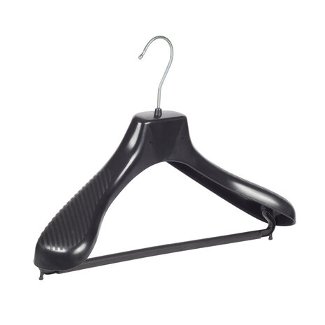 Mantel / kostuumhanger (gebogen) kunststof zwart met schouderverbreding en broeklat Mantel / kostuumhanger (gebogen) kunststof zwart met schouderverbreding en broeklat