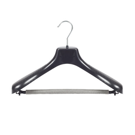 Mantel / kostuumhanger (gebogen) kunststof zwart met schouderverbreding en anti-slip broeklat (2 mm schuim)