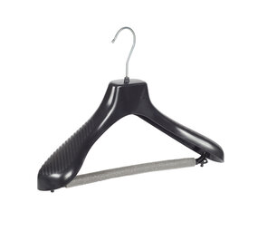 Mantel / kostuumhanger (gebogen) kunststof zwart met schouderverbreding en anti-slip broeklat (2 mm schuim) Mantel / kostuumhanger (gebogen) kunststof zwart met schouderverbreding en anti-slip broeklat (2 mm schuim)