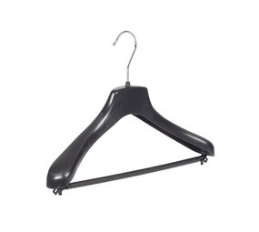 Mantel / kostuumhanger (gebogen) kunststof zwart met schouderverbreding en broeklat Mantel / kostuumhanger (gebogen) kunststof zwart met schouderverbreding en broeklat