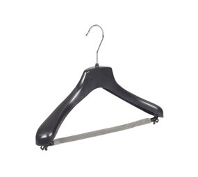 Mantel / kostuumhanger (gebogen) kunststof zwart met schouderverbreding en anti-slip broeklat (2 mm schuim) Mantel / kostuumhanger (gebogen) kunststof zwart met schouderverbreding en anti-slip broeklat (2 mm schuim)