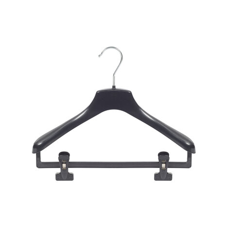 Mantel / kostuumhanger (gebogen) kunststof zwart met schouderverbreding en anti-slip knijpers