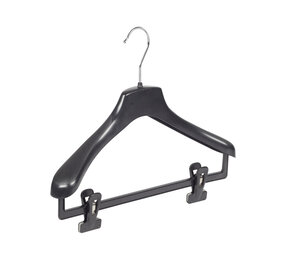 Mantel / kostuumhanger (gebogen) kunststof zwart met schouderverbreding en anti-slip knijpers Mantel / kostuumhanger (gebogen) kunststof zwart met schouderverbreding en anti-slip knijpers