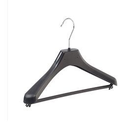 Mantel / kostuumhanger (gebogen) kunststof zwart met schouderverbreding en broeklat Mantel / kostuumhanger (gebogen) kunststof zwart met schouderverbreding en broeklat