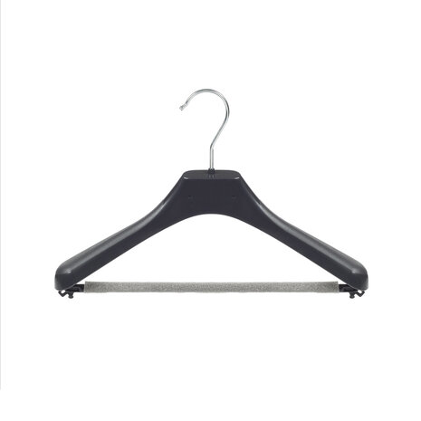 Mantel / kostuumhanger (gebogen) kunststof zwart met schouderverbreding en anti-slip broeklat (2 mm schuim)