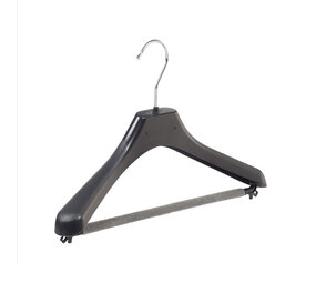 Mantel / kostuumhanger (gebogen) kunststof zwart met schouderverbreding en anti-slip broeklat (2 mm schuim) Mantel / kostuumhanger (gebogen) kunststof zwart met schouderverbreding en anti-slip broeklat (2 mm schuim)