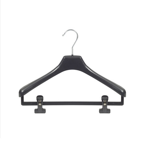 Mantel / kostuumhanger (gebogen) kunststof zwart met schouderverbreding en anti-slip knijpers