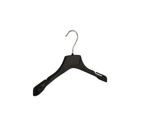Mantel / kostuumhanger (gebogen) kunststof zwart met schouderverbreding en rokinkepingen Mantel / kostuumhanger (gebogen) kunststof zwart met schouderverbreding en rokinkepingen