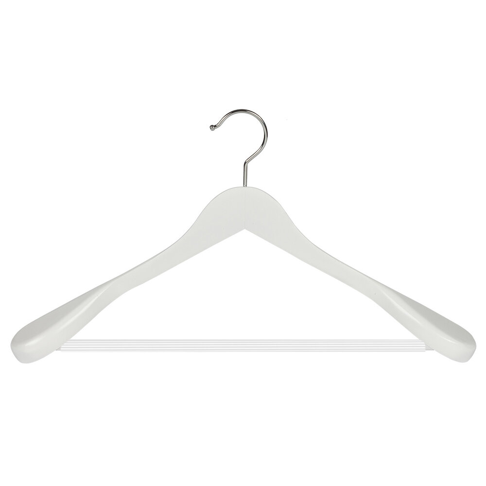 DE KLEDINGHANGER GIGANT Mantel / kostuumhanger (geknikt) beukenhout wit gelakt met schouderverbreding en anti-slip broeklat DE KLEDINGHANGER GIGANT Mantel / kostuumhanger (geknikt) beukenhout wit gelakt met schouderverbreding en anti-slip broeklat