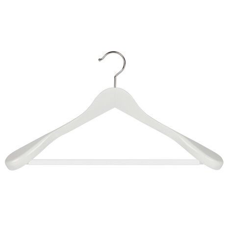 DE KLEDINGHANGER GIGANT Mantel / kostuumhanger (geknikt) beukenhout wit gelakt met schouderverbreding en anti-slip broeklat DE KLEDINGHANGER GIGANT Mantel / kostuumhanger (geknikt) beukenhout wit gelakt met schouderverbreding en anti-slip broeklat