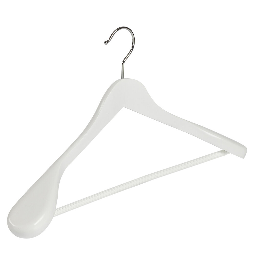 DE KLEDINGHANGER GIGANT Mantel / kostuumhanger (geknikt) beukenhout wit gelakt met schouderverbreding en anti-slip broeklat DE KLEDINGHANGER GIGANT Mantel / kostuumhanger (geknikt) beukenhout wit gelakt met schouderverbreding en anti-slip broeklat
