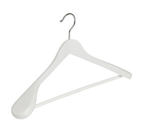 DE KLEDINGHANGER GIGANT Mantel / kostuumhanger (geknikt) beukenhout wit gelakt met schouderverbreding en anti-slip broeklat DE KLEDINGHANGER GIGANT Mantel / kostuumhanger (geknikt) beukenhout wit gelakt met schouderverbreding en anti-slip broeklat