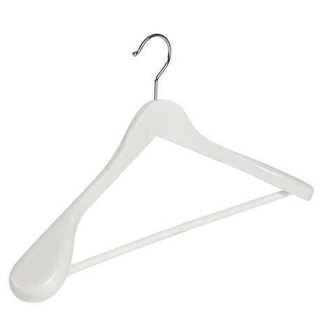 DE KLEDINGHANGER GIGANT Mantel / kostuumhanger (geknikt) beukenhout wit gelakt met schouderverbreding en anti-slip broeklat DE KLEDINGHANGER GIGANT Mantel / kostuumhanger (geknikt) beukenhout wit gelakt met schouderverbreding en anti-slip broeklat