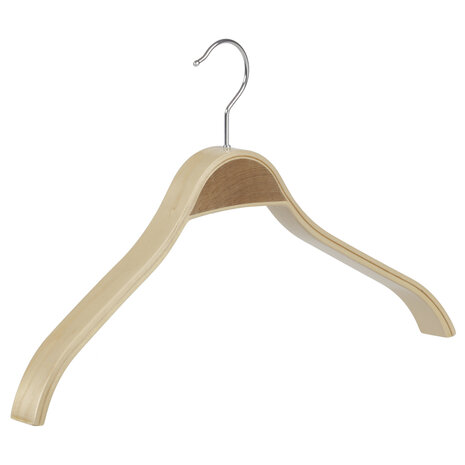 Mantel / kostuumhanger (gebogen) berkenhout naturel gelakt met schouderverbreding Mantel / kostuumhanger (gebogen) berkenhout naturel gelakt met schouderverbreding