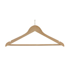Hotelhanger anti-diefstal (geknikt) lotushout naturel gelakt met rokinkepingen en anti-slip broeklat Hotelhanger anti-diefstal (geknikt) lotushout naturel gelakt met rokinkepingen en anti-slip broeklat