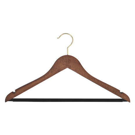 Blouse / shirthanger beukenhout walnoten gebeitst met messinghaak, rokinkepingen en anti-slip broeklat