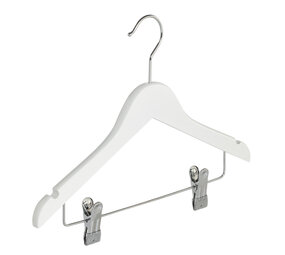 Kinderhanger lotushout wit gelakt met rokinkepingen en knijperlat, 34 cm