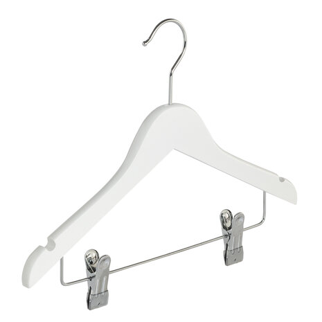 DE KLEDINGHANGER GIGANT Kinderhanger lotushout wit gelakt met rokinkepingen en knijperlat, 34 cm DE KLEDINGHANGER GIGANT Kinderhanger lotushout wit gelakt met rokinkepingen en knijperlat, 34 cm
