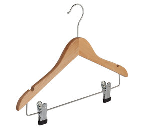 Kinderhanger lotushout naturel gelakt met rokinkepingen en knijperlat, 36 cm