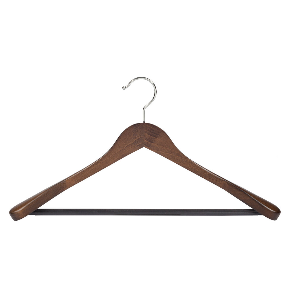 Mantel / kostuumhanger beukenhout walnoten gebeitst met schouderverbreding en anti-slip broeklat, 38 cm Mantel / kostuumhanger beukenhout walnoten gebeitst met schouderverbreding en anti-slip broeklat, 38 cm