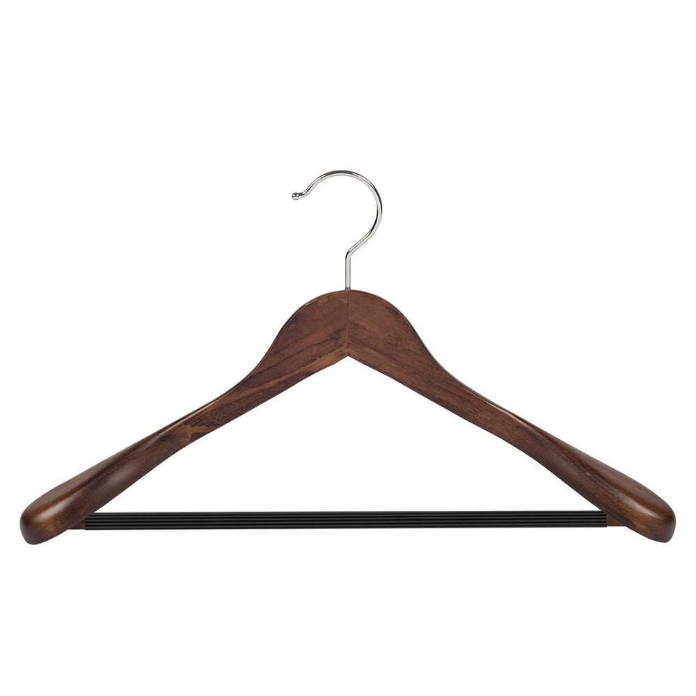 Mantel / kostuumhanger beukenhout walnoten gebeitst met schouderverbreding en anti-slip broeklat, 41 cm Mantel / kostuumhanger beukenhout walnoten gebeitst met schouderverbreding en anti-slip broeklat, 41 cm