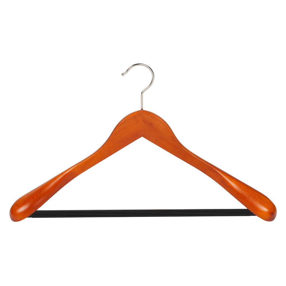 Mantel / kostuumhanger beukenhout kersen gebeitst met schouderverbreding en anti-slip broeklat, 41 cm Mantel / kostuumhanger beukenhout kersen gebeitst met schouderverbreding en anti-slip broeklat, 41 cm