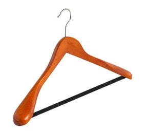 Mantel / kostuumhanger beukenhout kersen gebeitst met schouderverbreding en anti-slip broeklat, 44 cm Mantel / kostuumhanger beukenhout kersen gebeitst met schouderverbreding en anti-slip broeklat, 44 cm