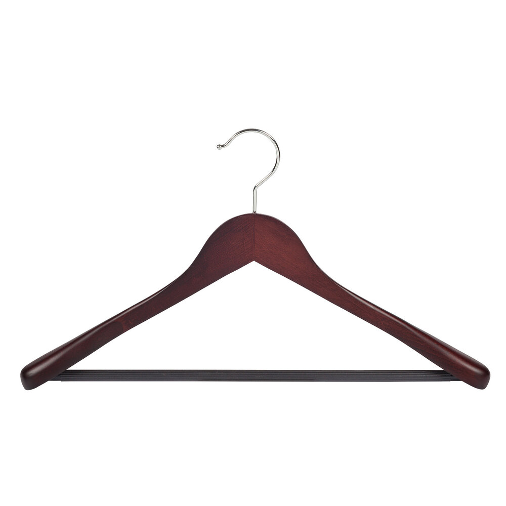 Mantel / kostuumhanger beukenhout mahonie gebeitst met schouderverbreding en anti-slip broeklat, 41 cm Mantel / kostuumhanger beukenhout mahonie gebeitst met schouderverbreding en anti-slip broeklat, 41 cm