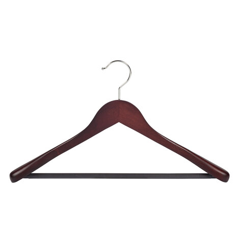 Mantel / kostuumhanger beukenhout mahonie gebeitst met schouderverbreding en anti-slip broeklat, 44 cm Mantel / kostuumhanger beukenhout mahonie gebeitst met schouderverbreding en anti-slip broeklat, 44 cm