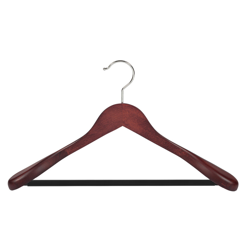 Mantel / kostuumhanger beukenhout mahonie gebeitst met schouderverbreding en anti-slip broeklat, 41 cm