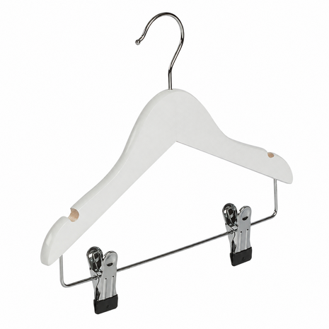 Kinderhanger lotushout wit gelakt met rokinkepingen en knijperlat, 28 cm