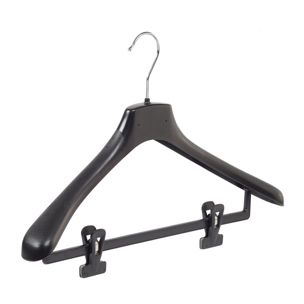 Mantel / kostuumhanger kunststof zwart met schouderverbreding en anti-slip knijpers, 38 cm Mantel / kostuumhanger kunststof zwart met schouderverbreding en anti-slip knijpers, 38 cm