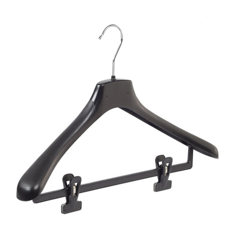 Mantel / kostuumhanger kunststof zwart met schouderverbreding en anti-slip knijpers, 38 cm Mantel / kostuumhanger kunststof zwart met schouderverbreding en anti-slip knijpers, 38 cm